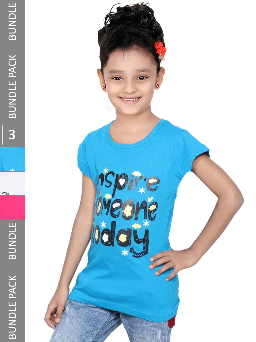 

IndiWeaves Girls Pack of 3 Graphic Printed Round Neck Cotton T-shirt, White