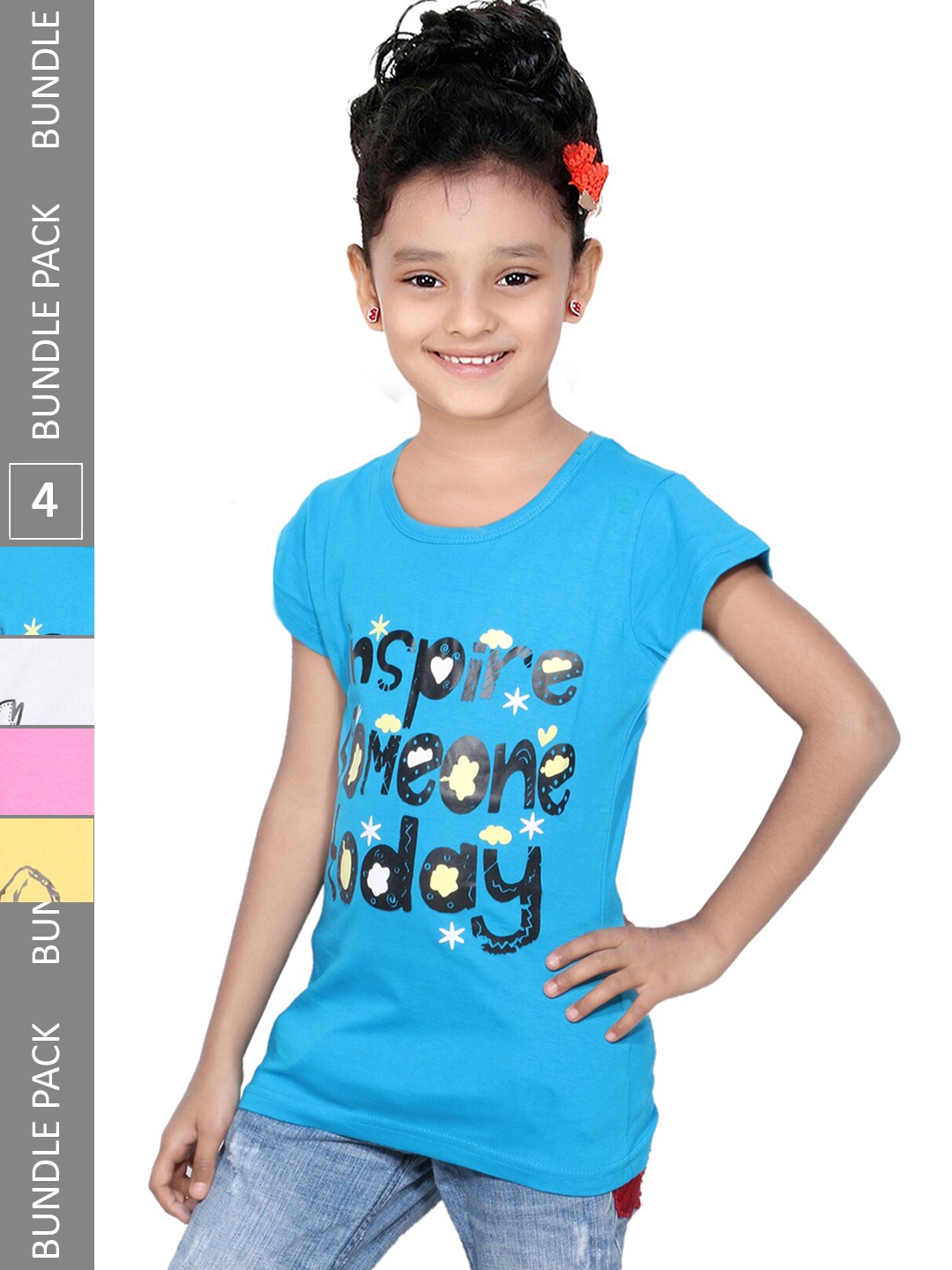 

IndiWeaves Girls Pack of 4 Typography Printed Regular Fit Cotton T-shirt, Blue