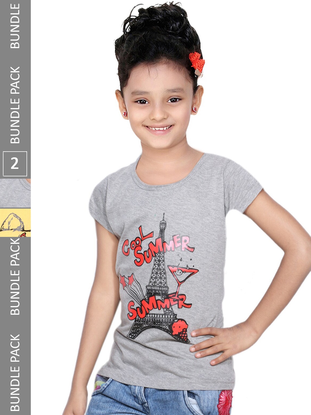 

IndiWeaves Girls Pack Of 2 Snoopy Printed Round Neck Cotton T-shirt, Grey