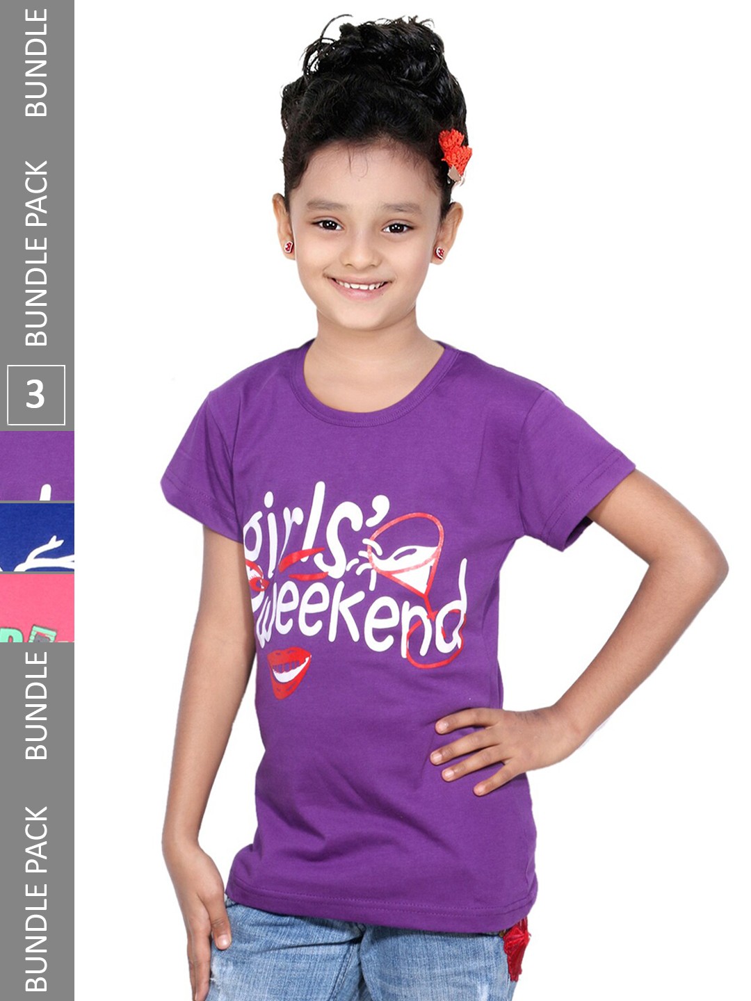 

IndiWeaves Girls Pack Of 3 Graphic Printed Cotton Regular T-shirts, Multi