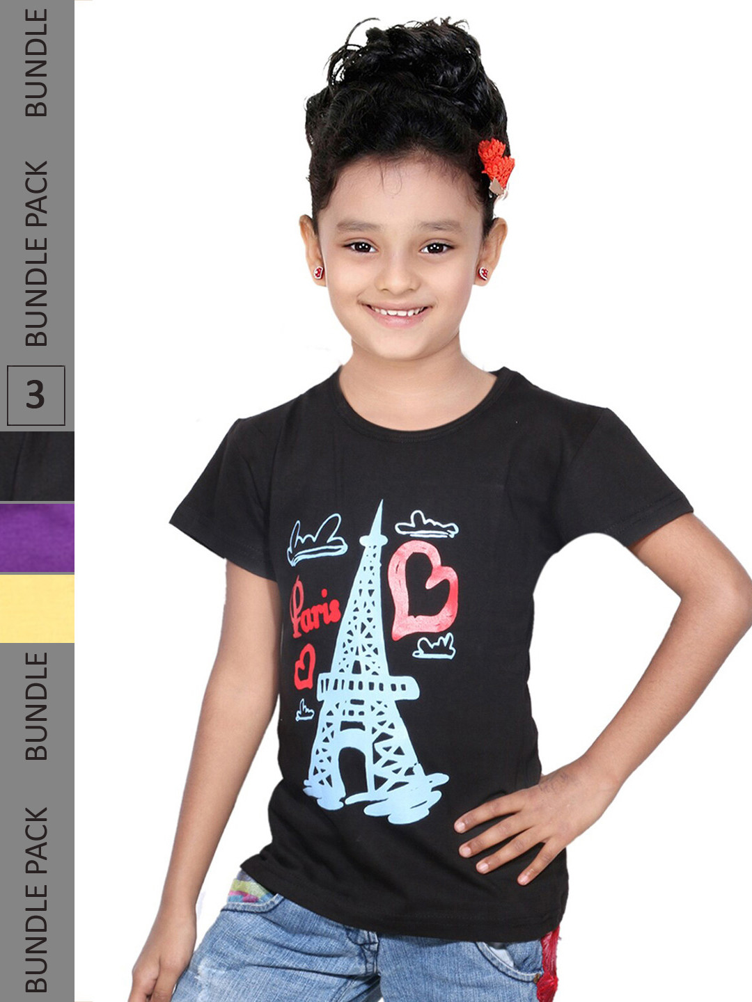 

IndiWeaves Girls Pack of 3 Typography Printed Regular Fit Cotton T-shirt, Black