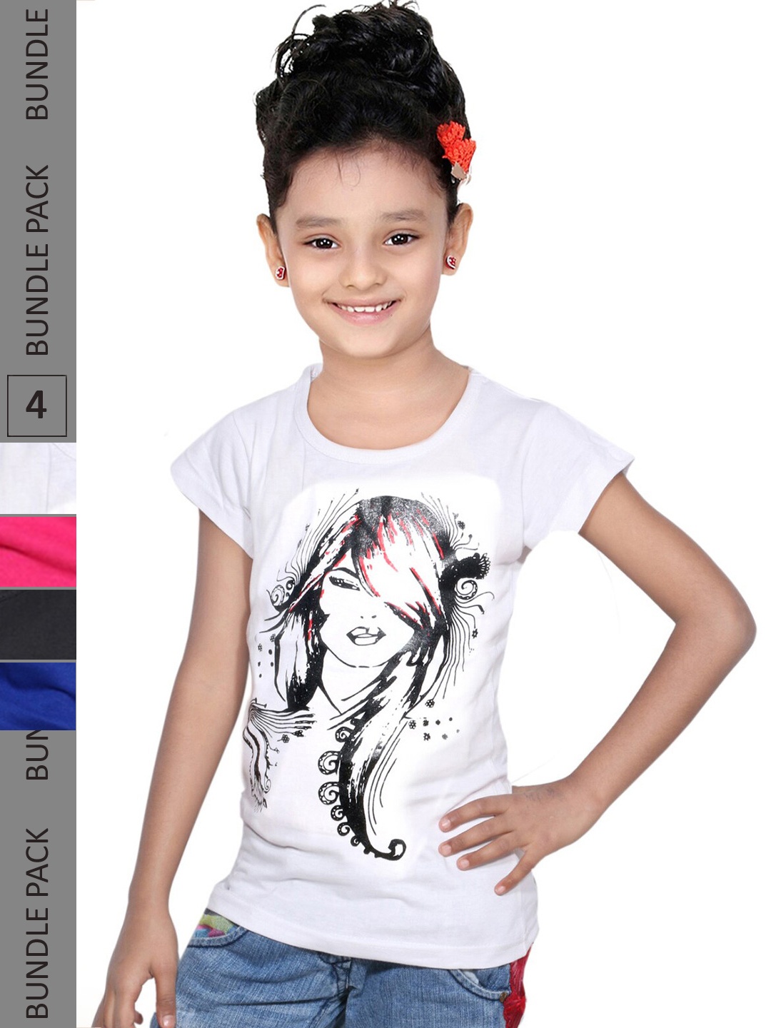 

IndiWeaves Girls Pack Of 4 Graphic Printed Cotton T-Shirt, White
