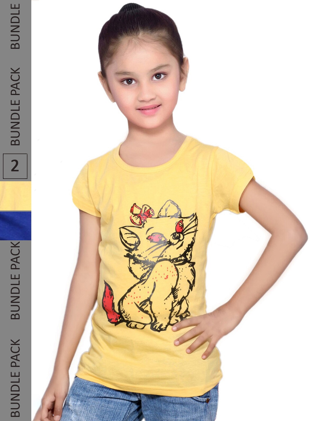 

IndiWeaves Pack Of 2 Girls Typography Printed Round Neck Cotton Casual T Shirt, Yellow