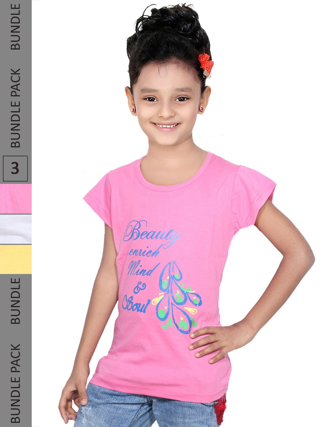 

IndiWeaves Girls Pack Of 3 Graphic Printed Pure Cotton T-shirt, Yellow