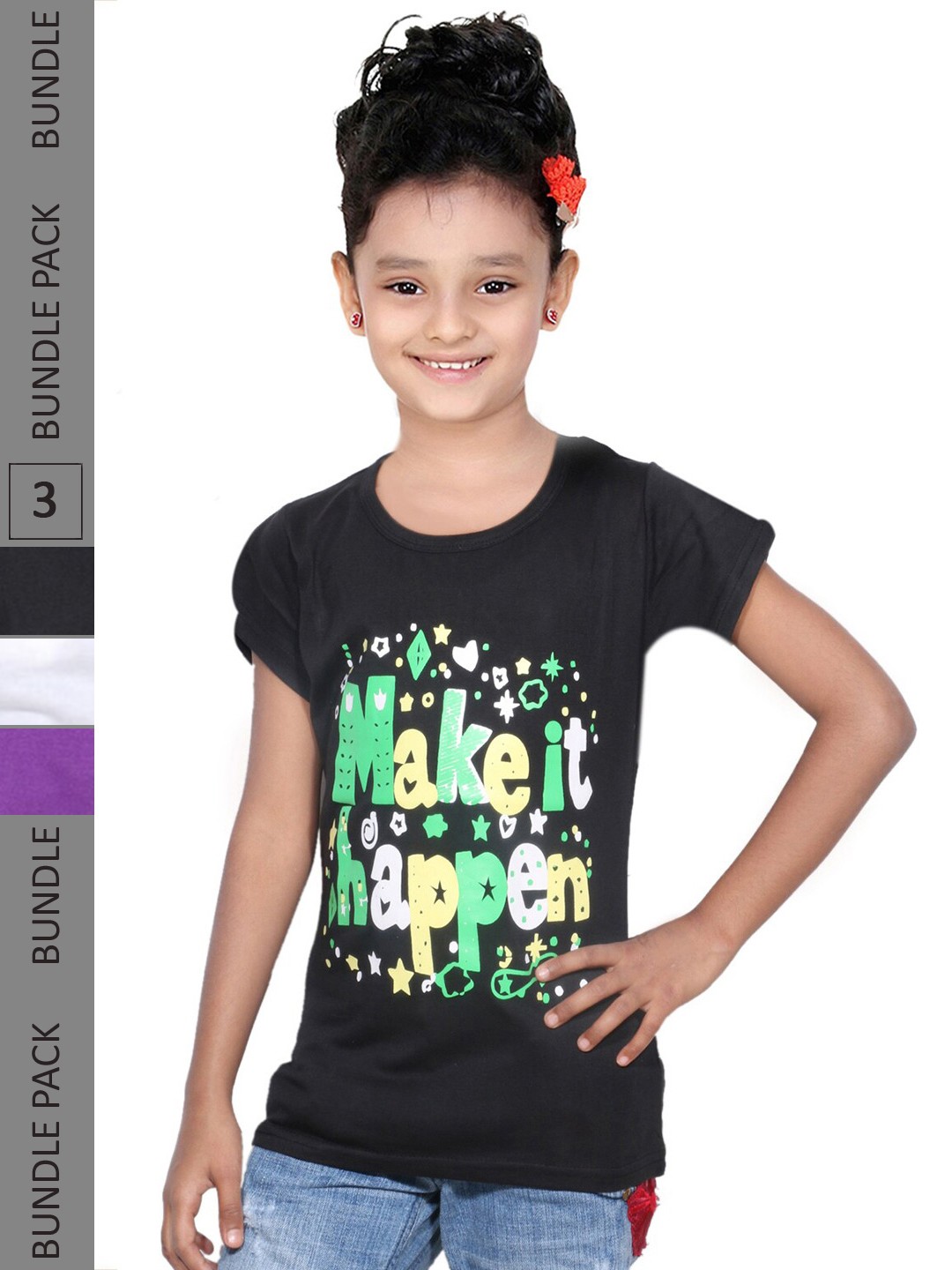 

IndiWeaves Girls Pack of 3 Typography Printed Regular Fit Cotton T-shirt, Black