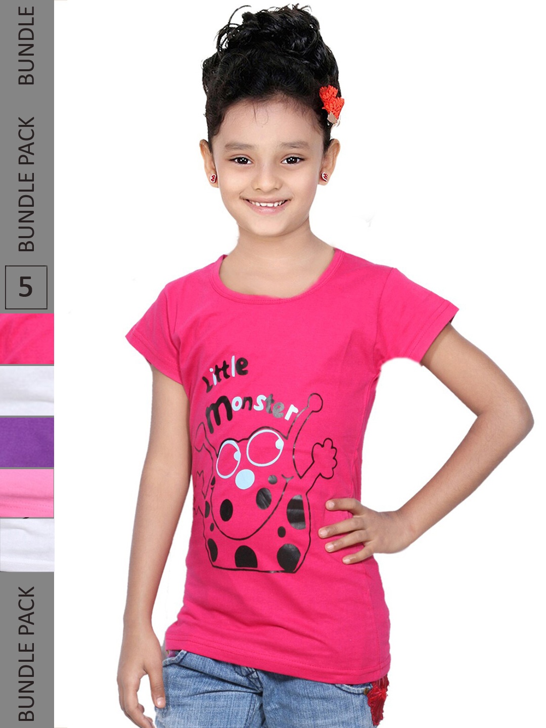 

IndiWeaves Girls Pack Of 5 Typographic Printed Cotton T-shirt, Pink
