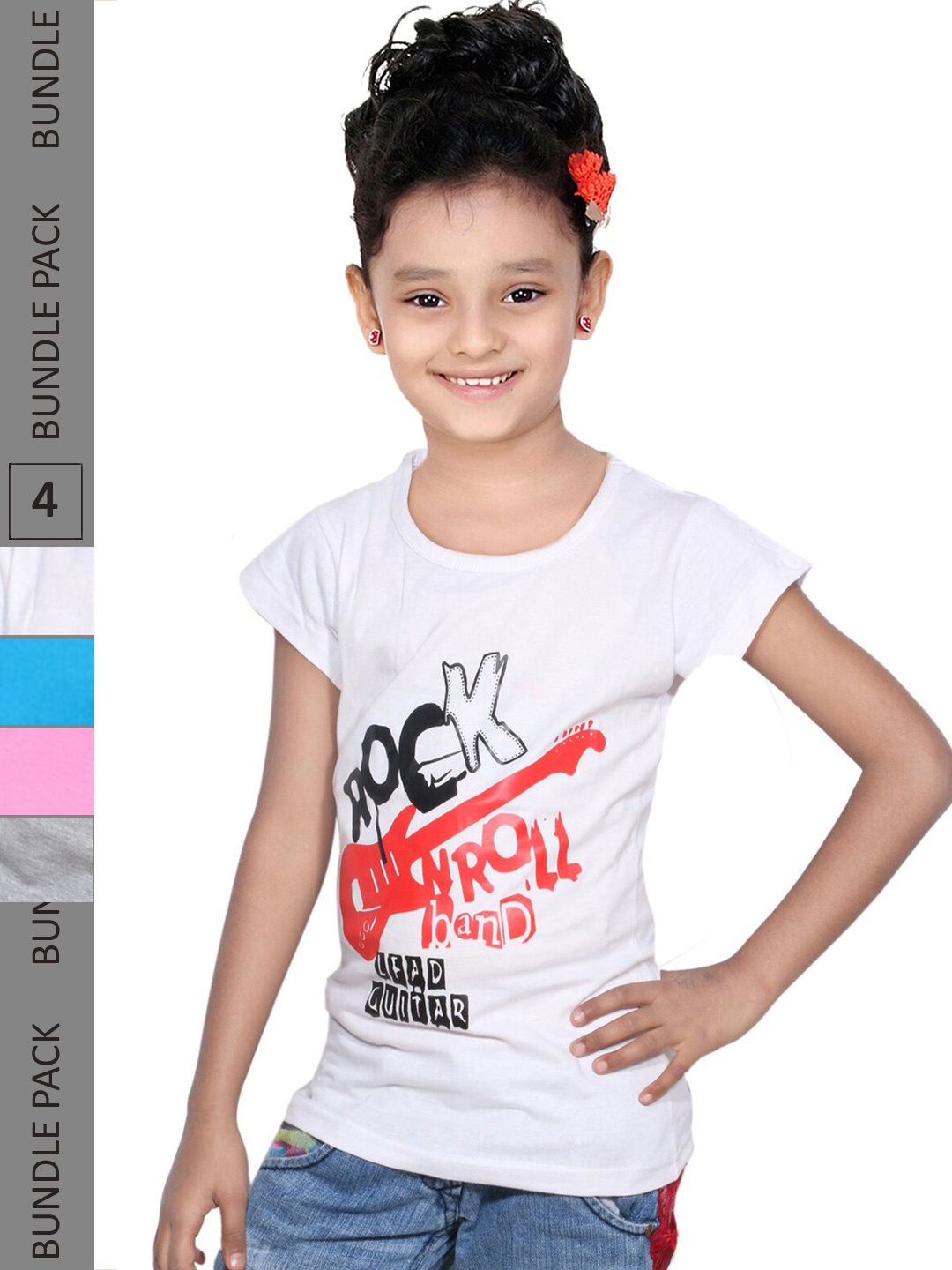 

IndiWeaves Pack Of 4 Girls Typography Printed Round Neck Cotton Casual T Shirt, White