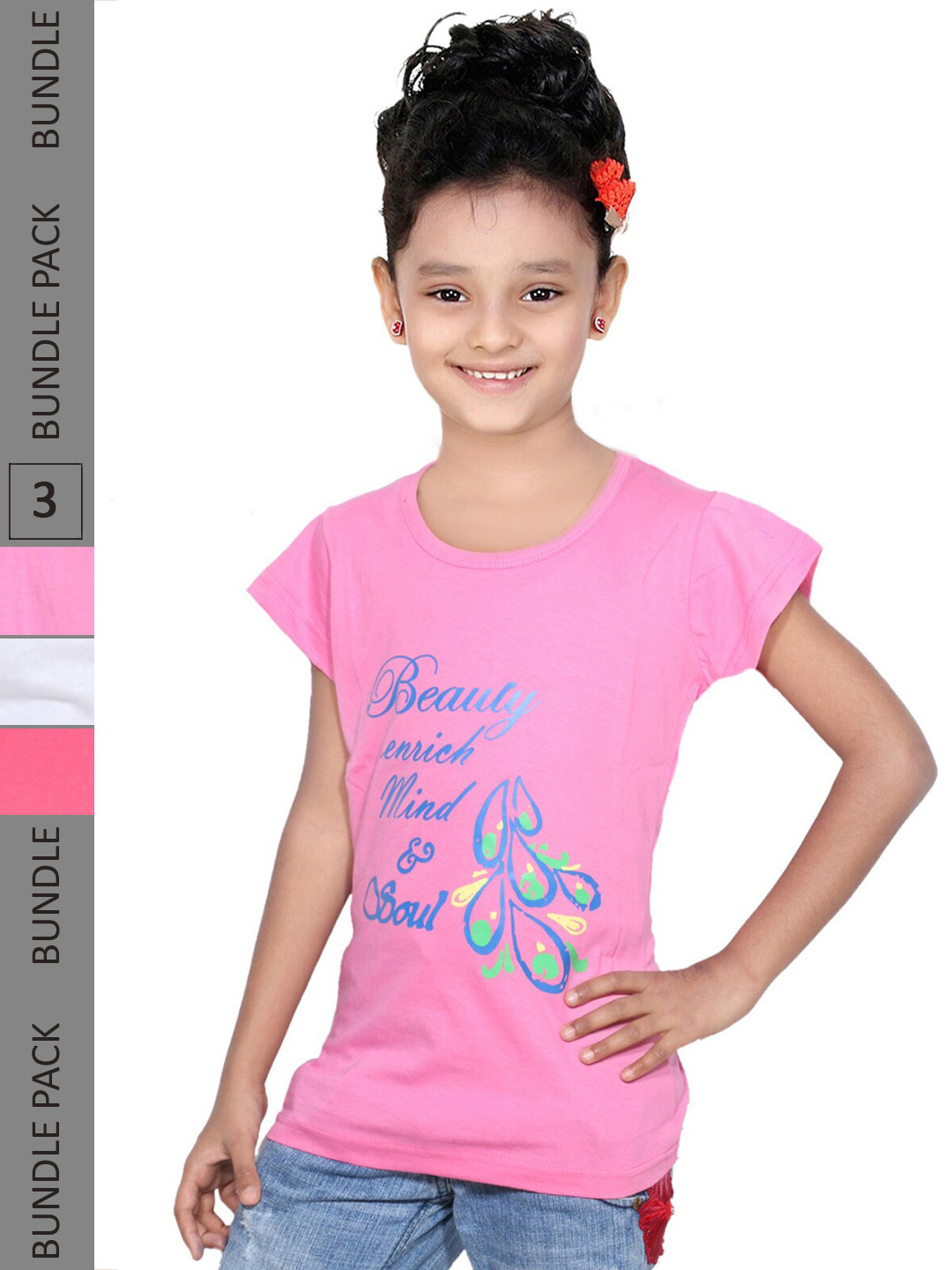 

IndiWeaves Girls Pack of 3 Typography Printed Cotton T-shirt, Pink
