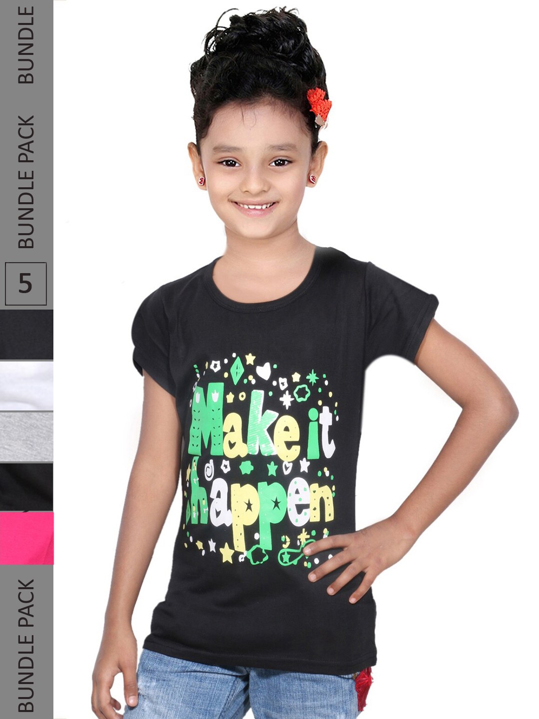 

IndiWeaves Girls Pack Of 5 Typography Printed Cotton T-Shirt, Black