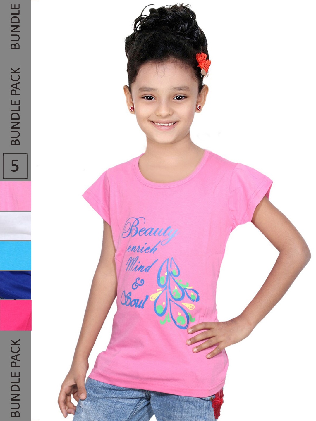 

IndiWeaves Pack Of 5 Girls Typography Printed Round Neck Cotton Casual T Shirt, Pink