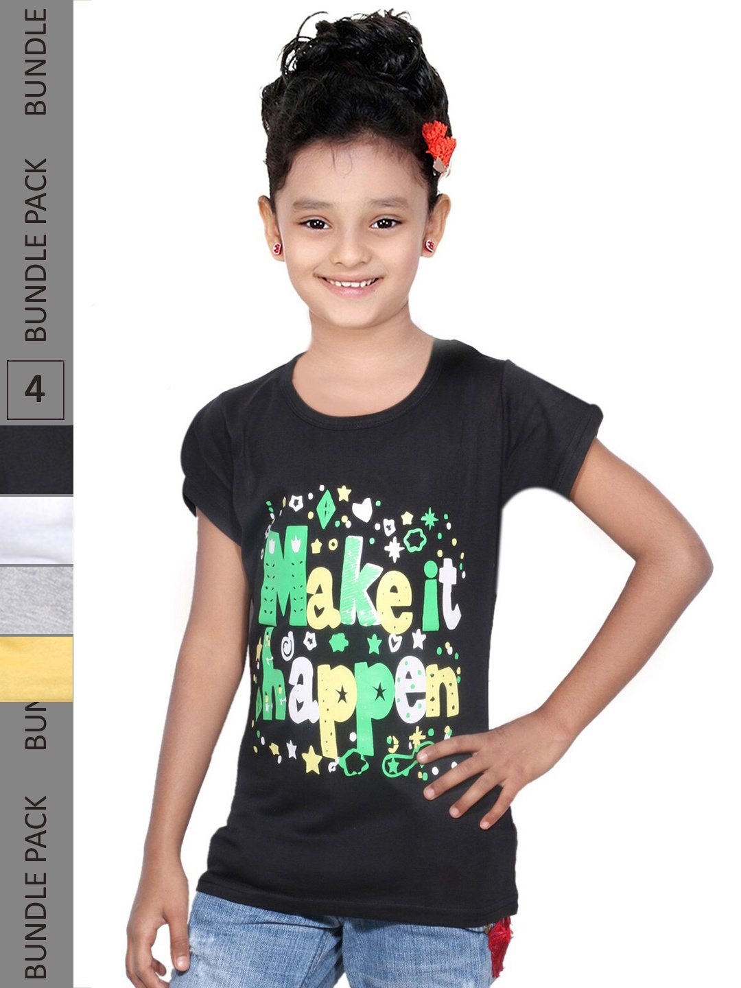 

IndiWeaves Girls Pack Of 4 Printed Pure Cotton T-shirts, Black