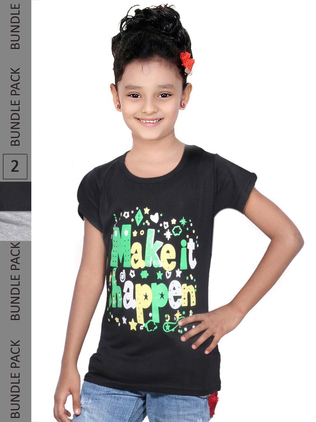 

IndiWeaves Girls Pack of 2 Typography Printed Regular Fit Cotton T-shirt, Black