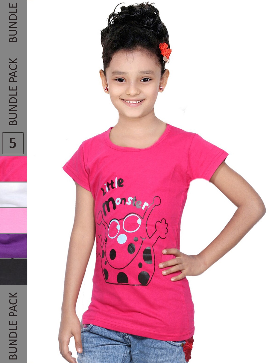 

IndiWeaves Girls Pack Of 5 Printed Round Neck Cotton T-shirt, Pink