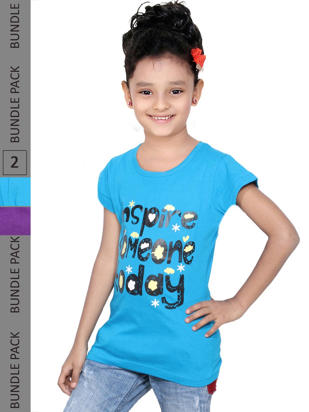 

IndiWeaves Girls Pack of 2 Typography Printed Regular Fit Cotton T-shirt, Blue