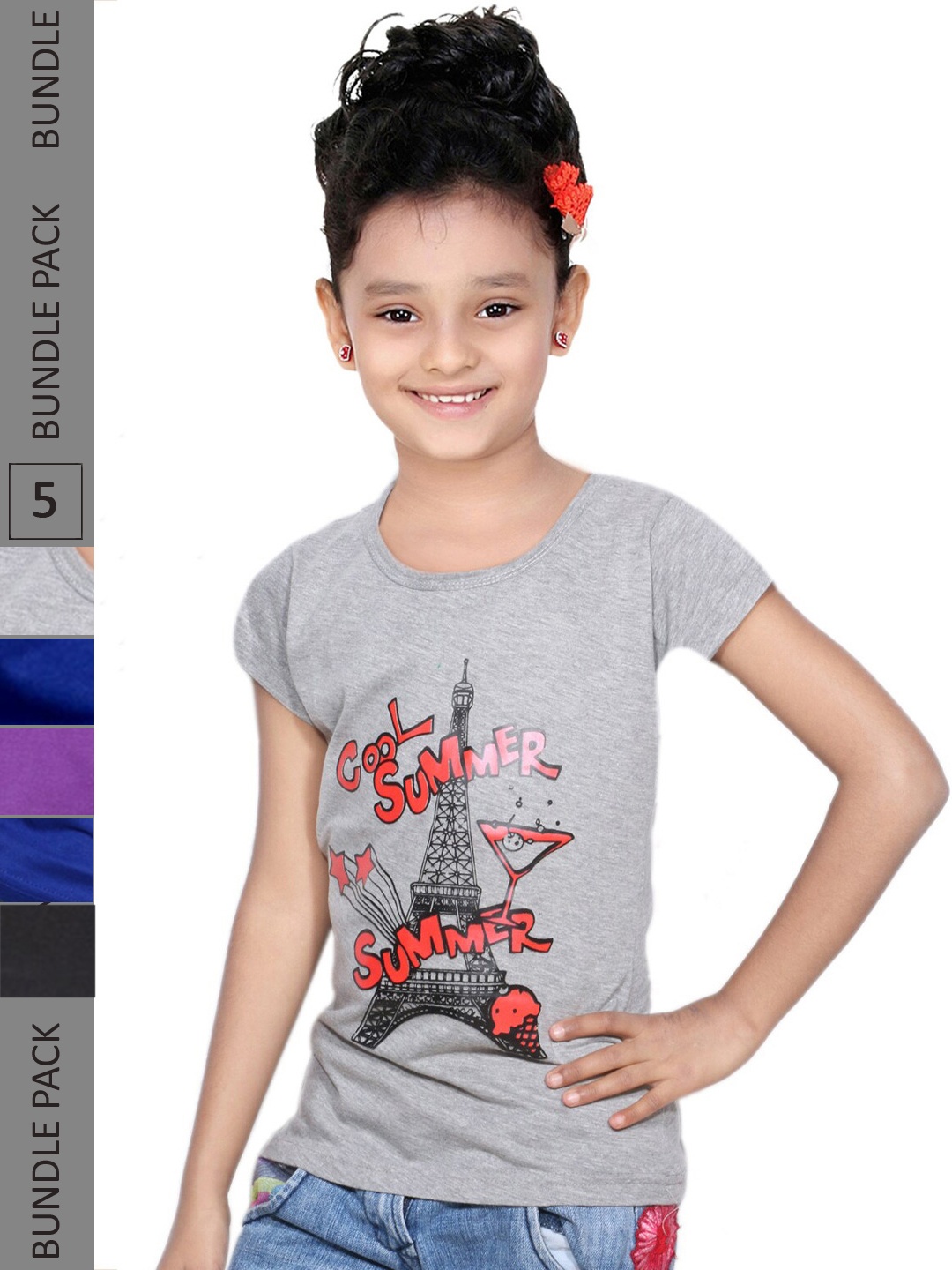

IndiWeaves Girls Pack of 5 Typography Printed Regular Fit Cotton T-shirt, Grey