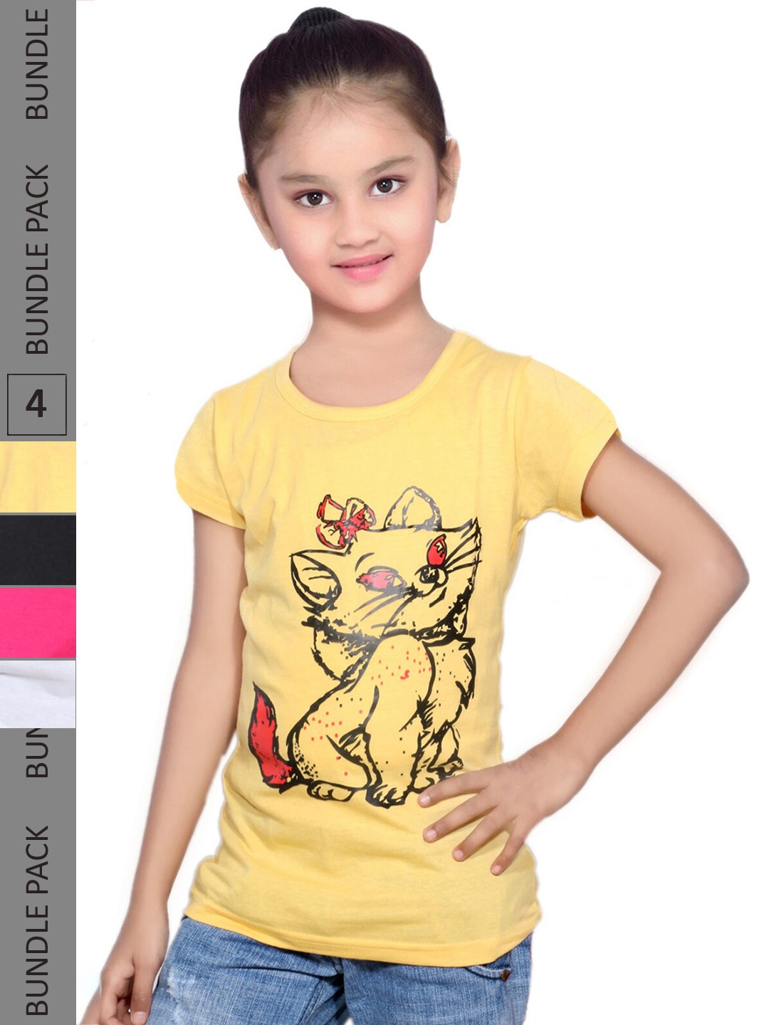 

IndiWeaves Girls Pack Of 4 Graphic Printed Cotton T-shirt, Yellow
