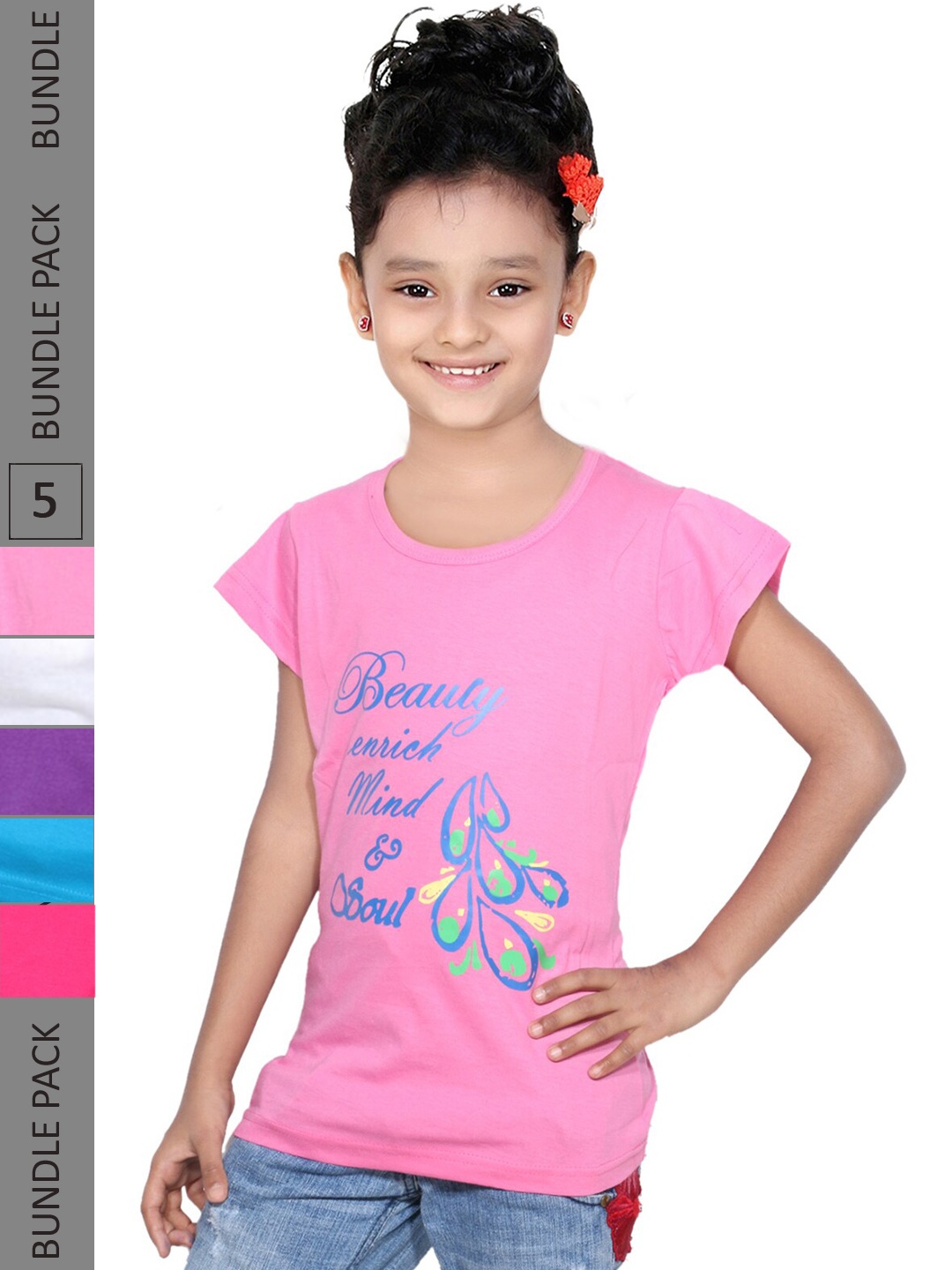 

IndiWeaves Girls Pack of 5 Typography Printed Regular Fit Cotton T-shirt, Pink