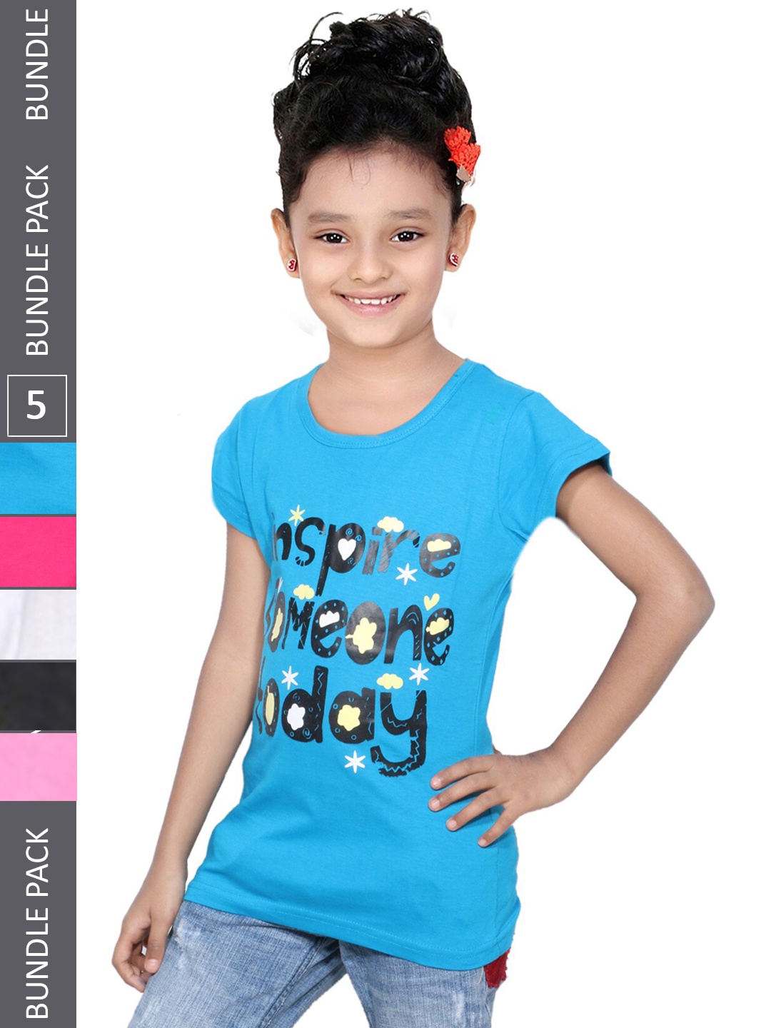

IndiWeaves Girls Pack Of 5 Typography Printed Cotton T-shirt, Blue