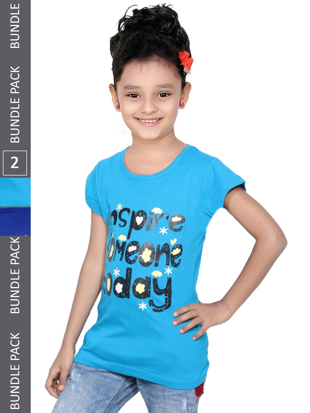 

IndiWeaves Girls Pack Of 2 Printed Pure Cotton T-shirt, Blue