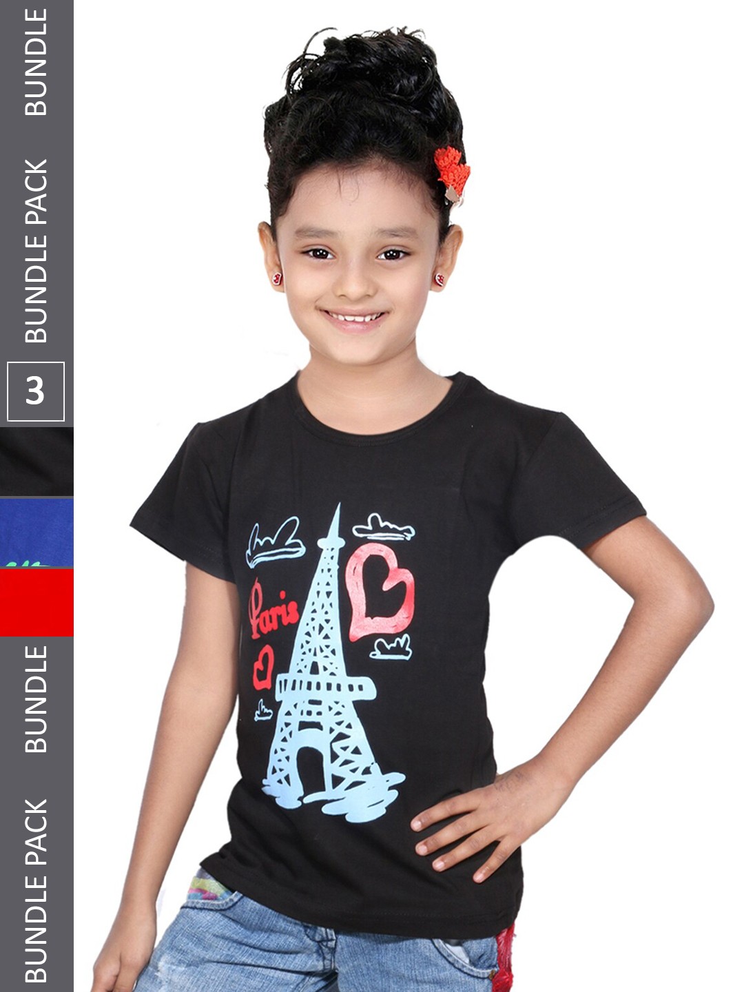 

IndiWeaves Girls Pack of 3 Typography Printed Regular Fit Cotton T-shirt, Black