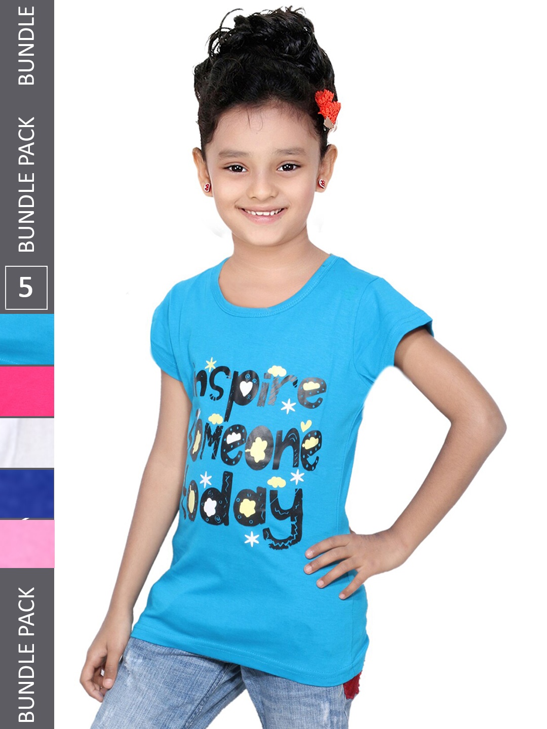 

IndiWeaves Girls Pack Of 5 Printed Pure Cotton T-shirt, Blue