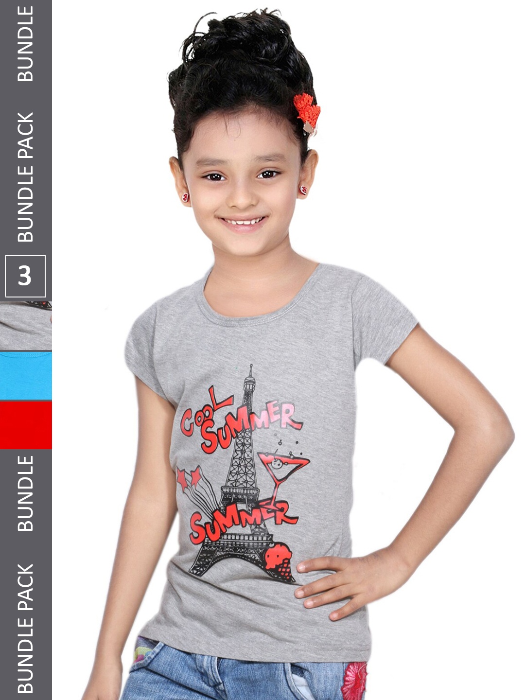 

IndiWeaves Girls Pack of 3 Typography Printed Regular Fit Cotton T-shirt, Grey