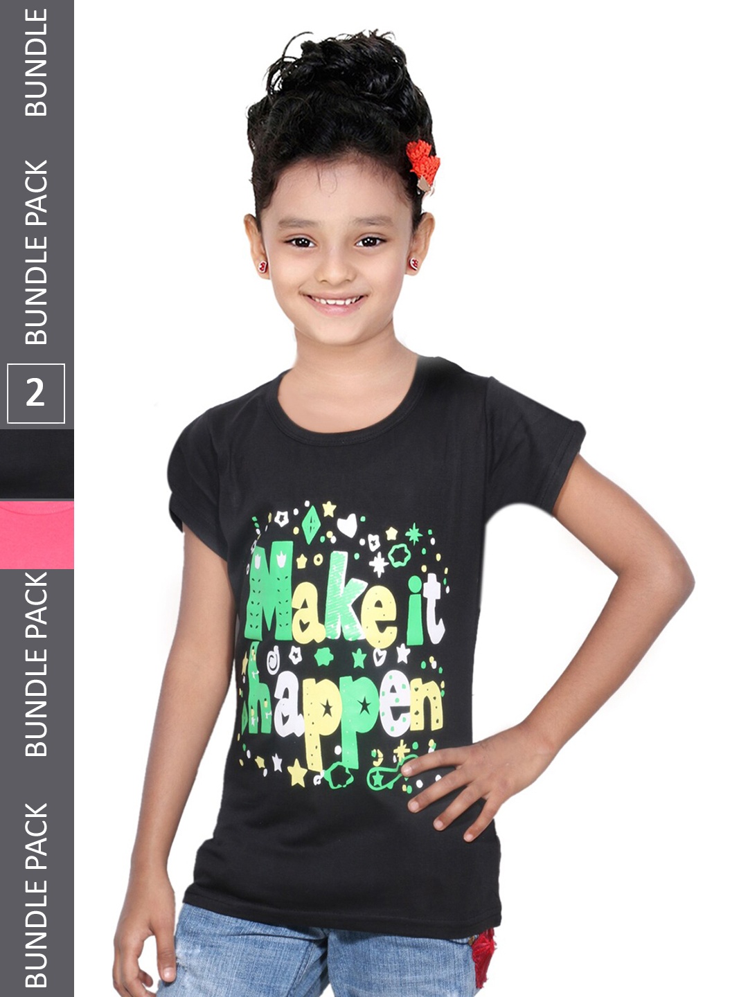 

IndiWeaves Girls Pack Of 2 Printed Pure Cotton T-shirt, Black