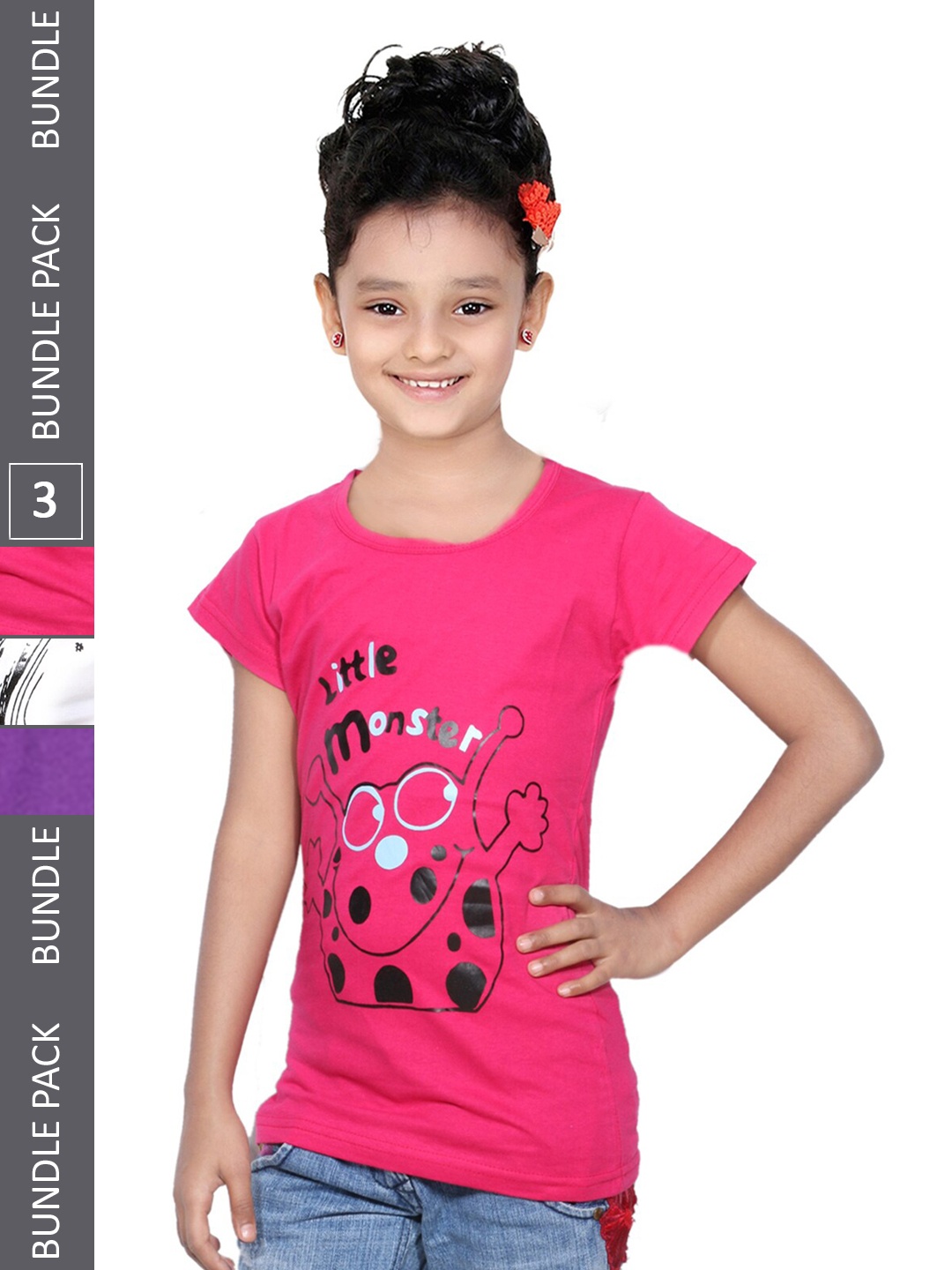 

IndiWeaves Girls Pack Of 3 Graphic Printed Cotton Regular T-shirts, Pink