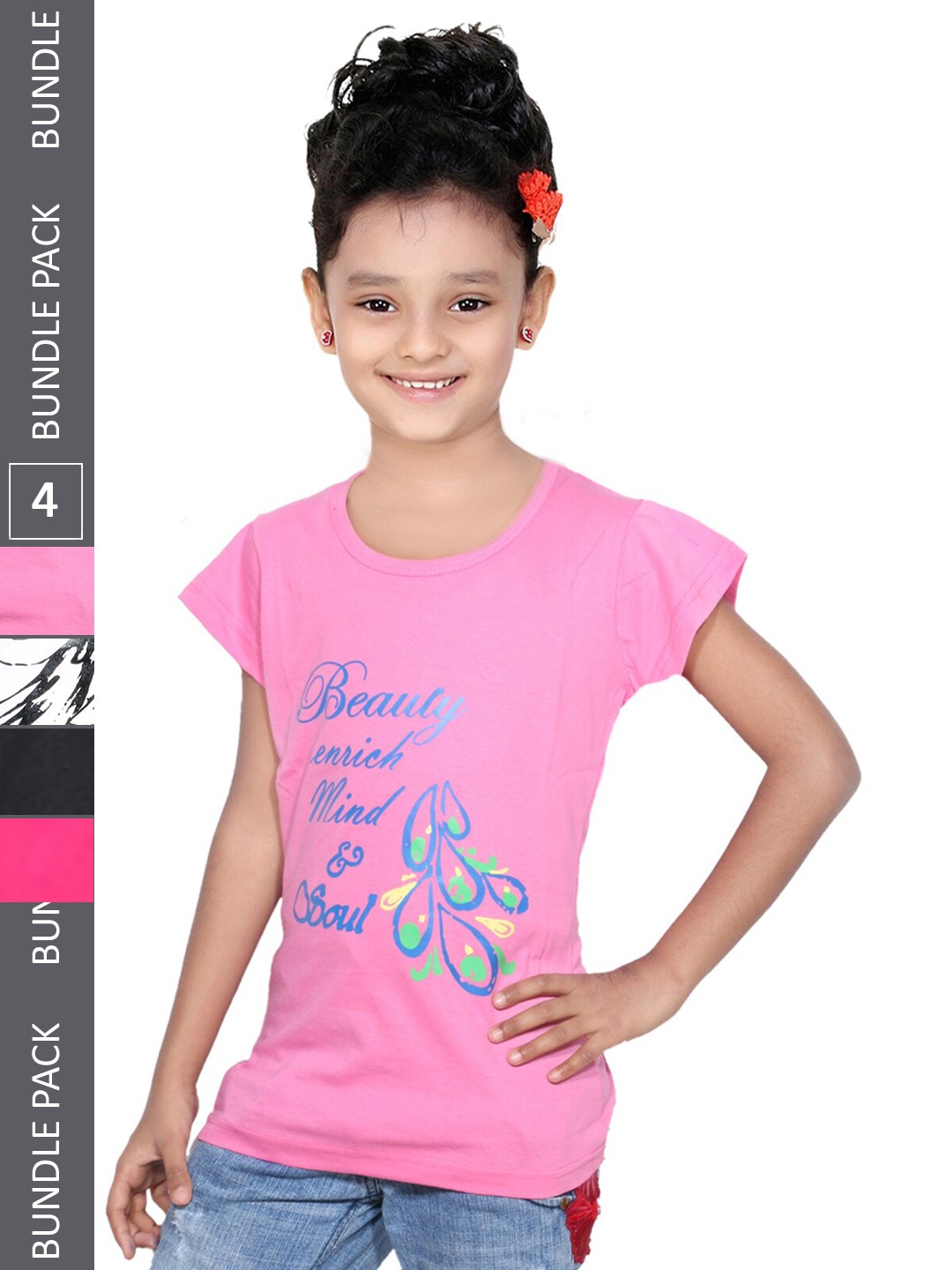 

IndiWeaves Girls Pack Of 4 Typography Printed Round Neck Cotton T-shirt, Pink