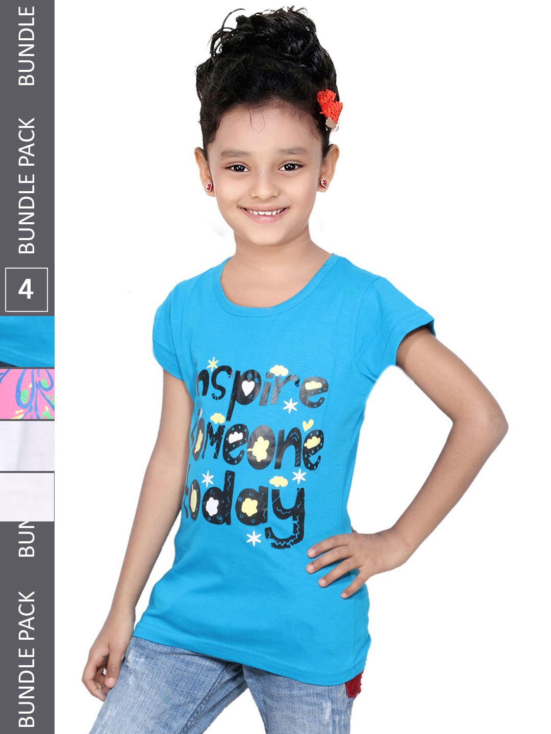 

IndiWeaves Girls Pack Of 4 Printed Cotton T-shirts, Blue