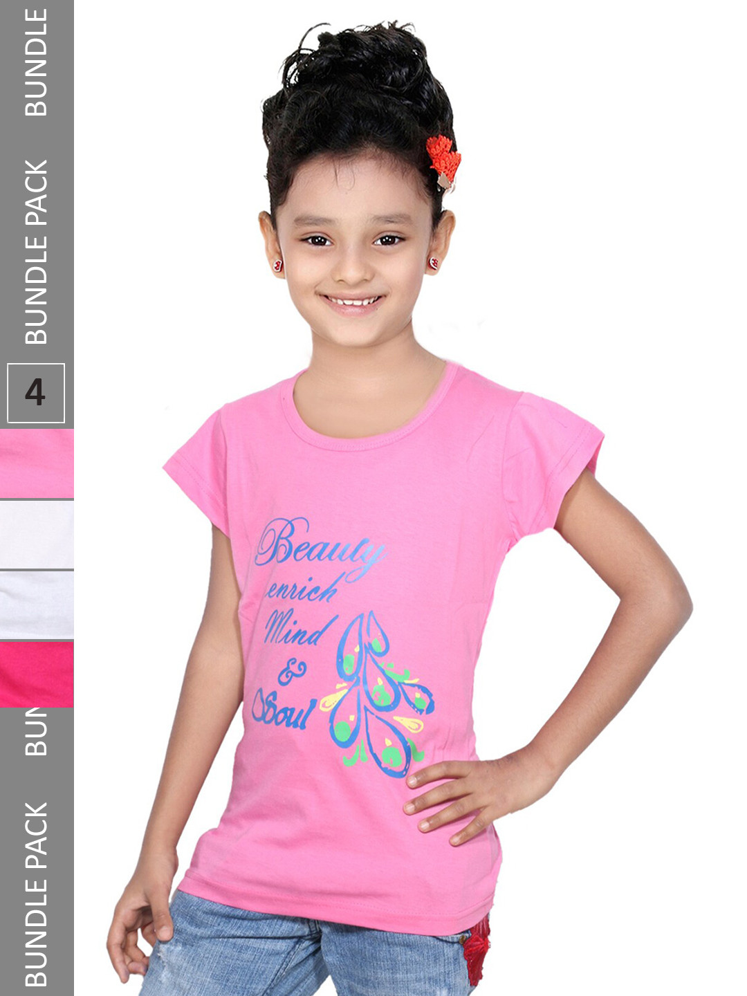 

IndiWeaves Girls Pack Of 4 Printed Round Neck Cotton T-shirt, Pink