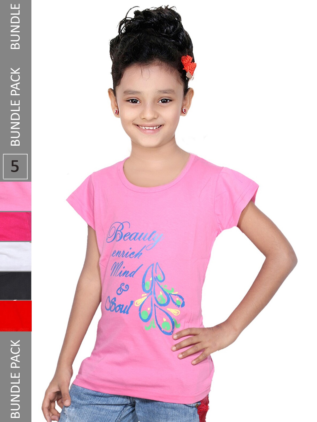

IndiWeaves Girls Pack Of 5 Graphic Printed Cotton Regular T-shirts, Rose