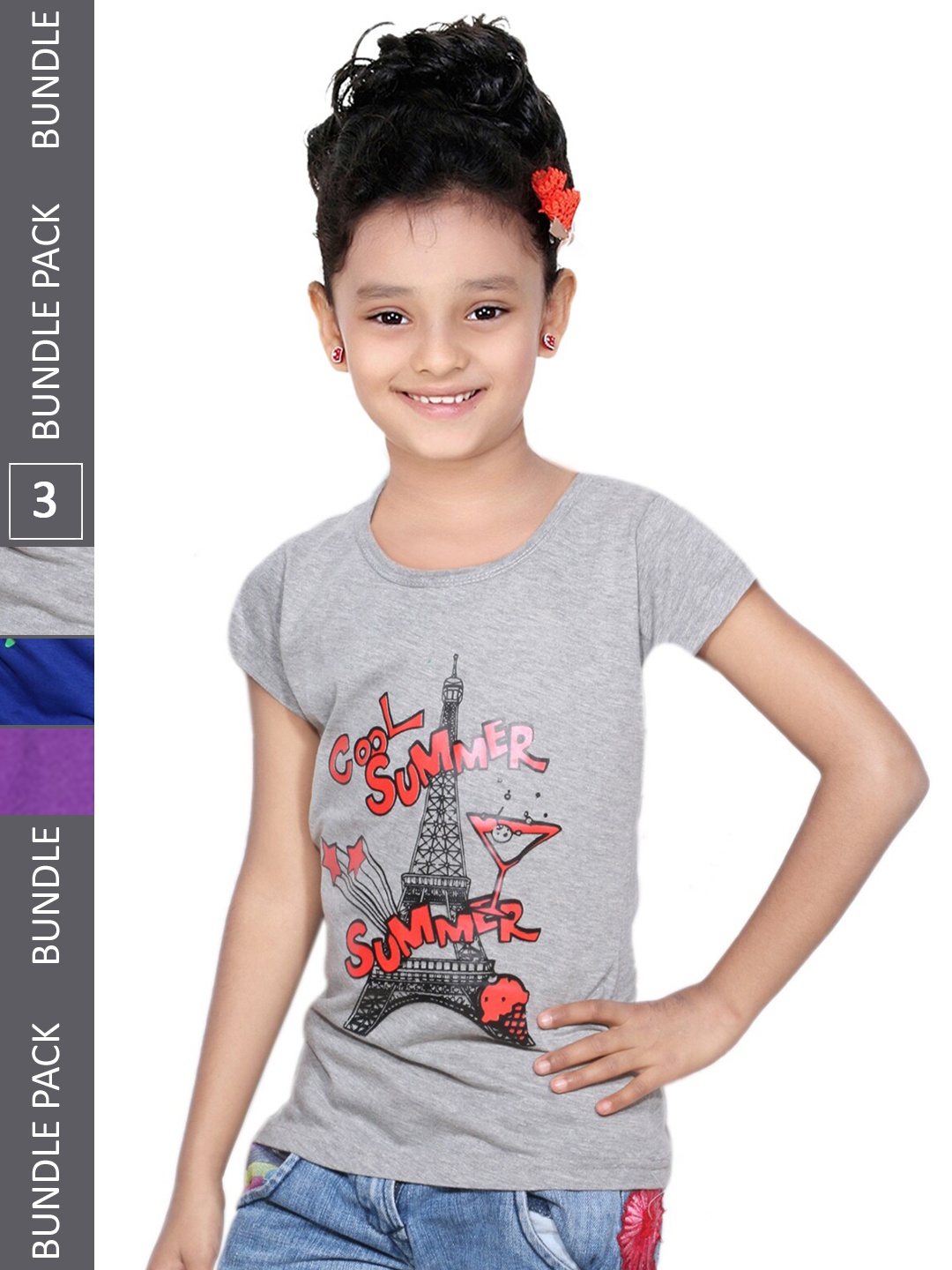 

IndiWeaves Girls Pack of 3 Typography Printed Regular Fit Cotton T-shirt, Grey