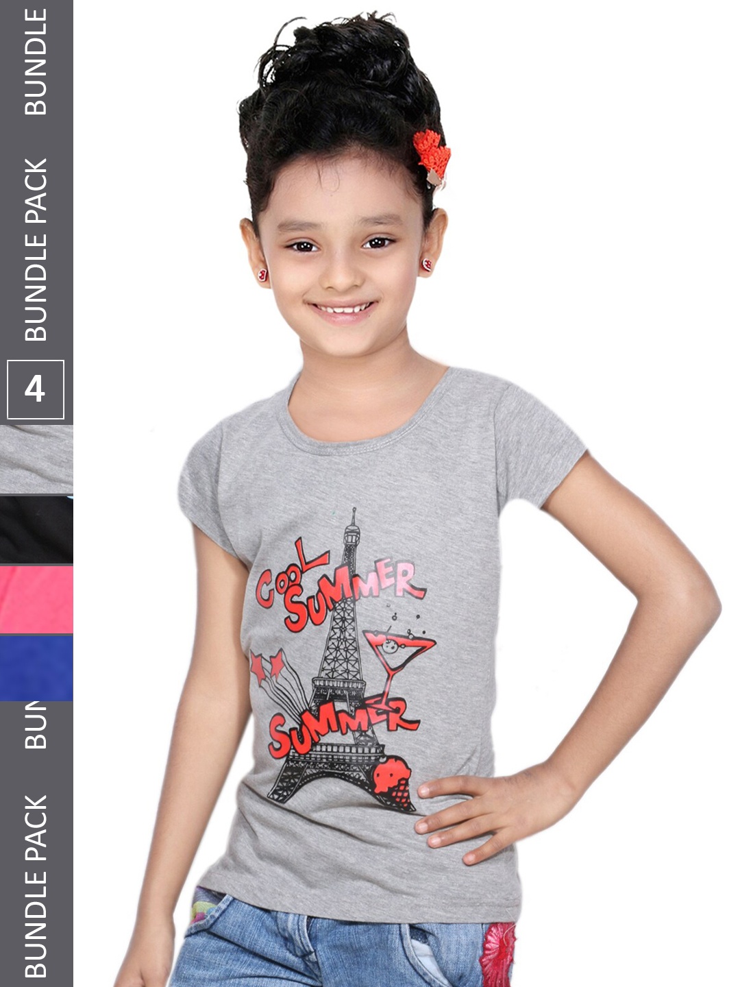 

IndiWeaves Girls Pack Of 4 Printed Pure Cotton T-shirt, Grey