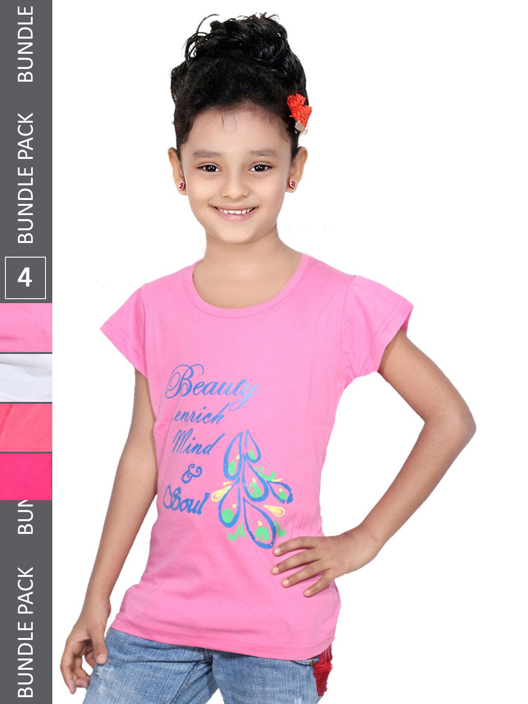 

IndiWeaves Girls Pack Of 4 Printed Cotton T-shirts, Pink