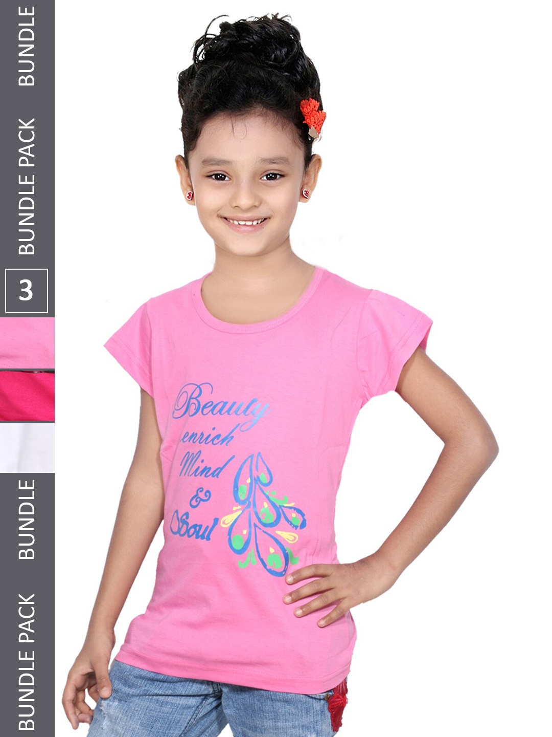 

IndiWeaves Girls Pack of 3 Graphic & Typography Round Neck Casual Cotton T-shirt, Pink