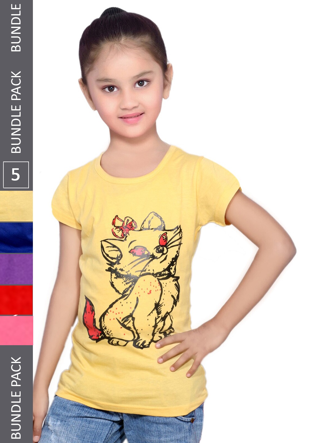 

IndiWeaves Girls Pack of 5 Typography Printed Cotton T-shirt, Yellow
