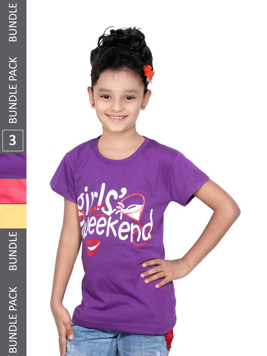 

IndiWeaves Girls Pack Of 3 Graphic Printed Cotton T-Shirt, Purple