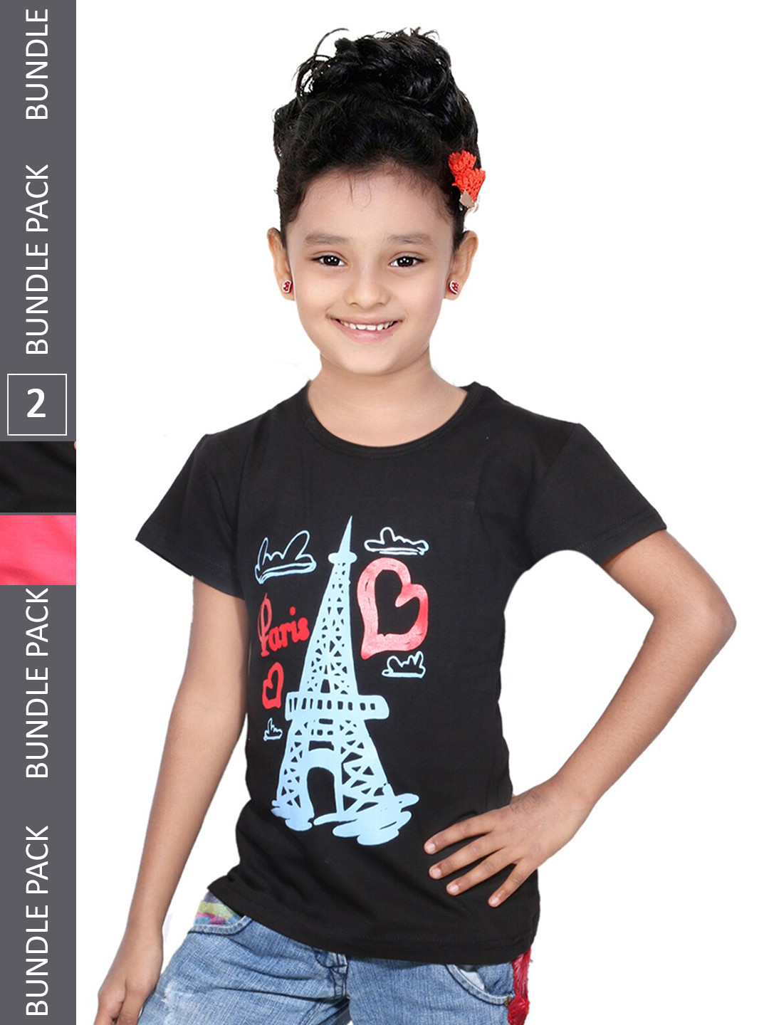 

IndiWeaves Girls Pack of 2 Graphic Printed Round Neck Casual Cotton T-shirt, Black