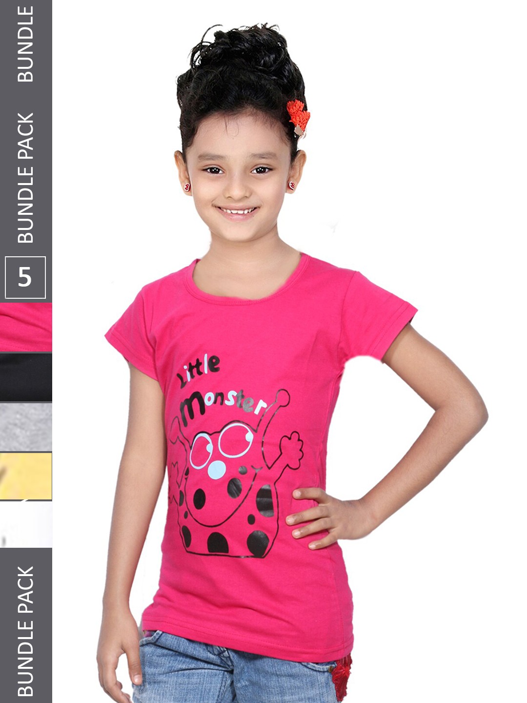 

IndiWeaves Girls Pack of 5 Typography Printed Cotton T-shirt, Pink