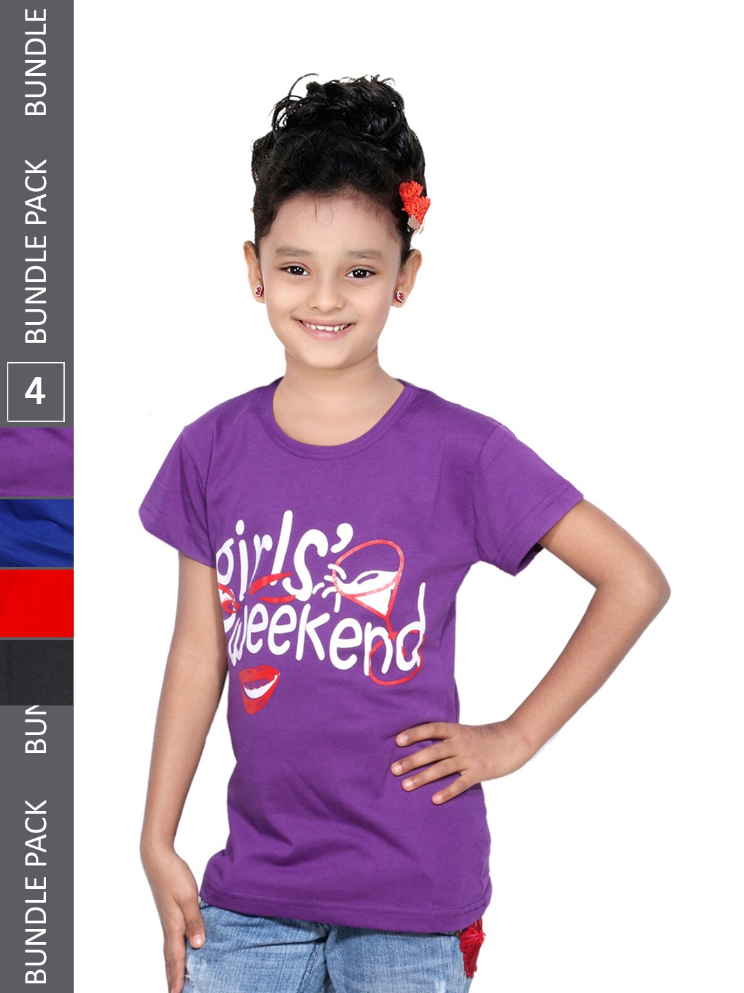 

IndiWeaves Girls Pack of 4 Graphic Printed Cotton T-shirt, Purple