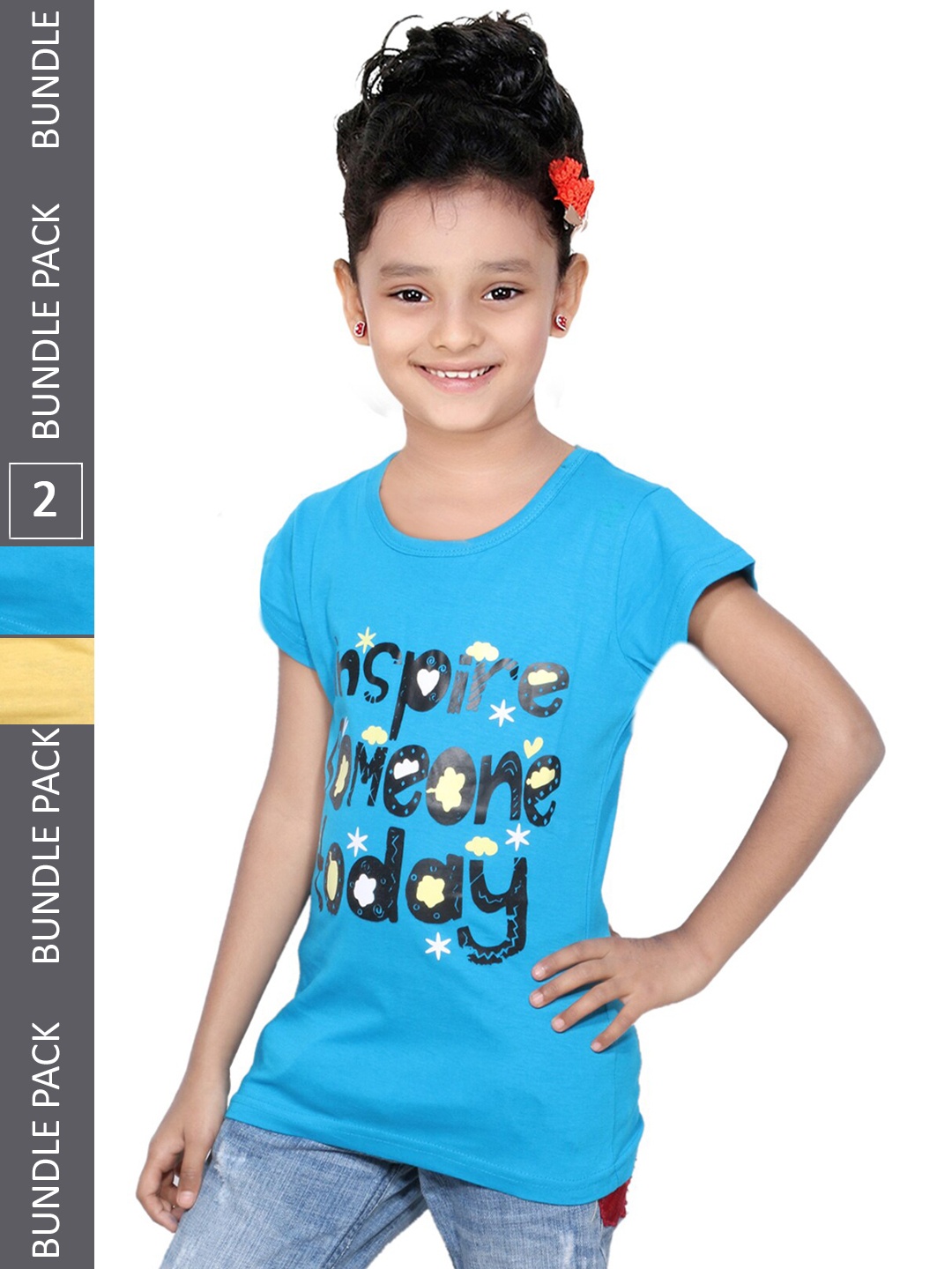 

IndiWeaves Girls Pack of 2 Graphic & Typography Round Neck Casual Cotton T-shirt, Blue