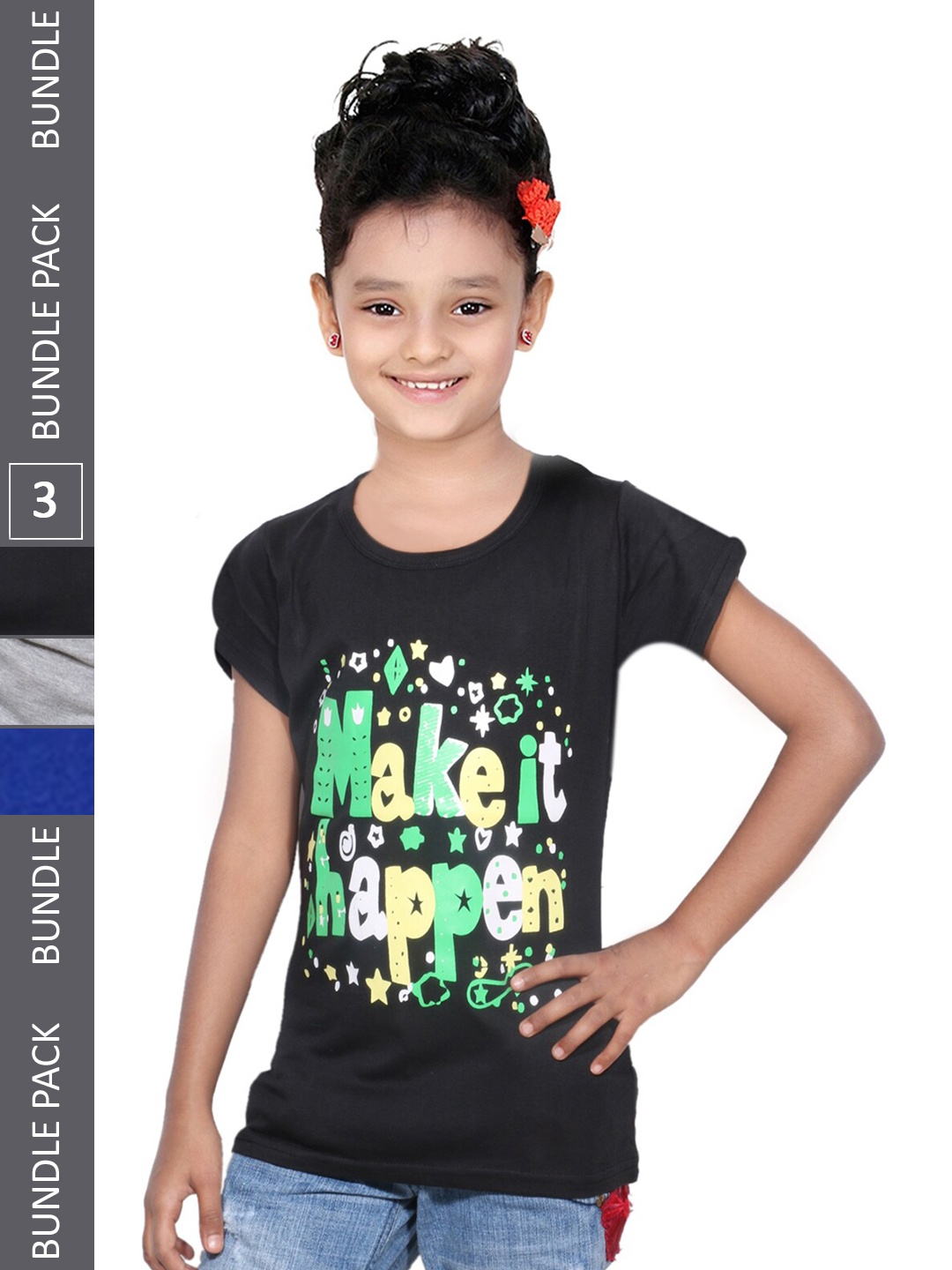 

IndiWeaves Girls Pack Of 3 Printed Cotton T-shirts, Black