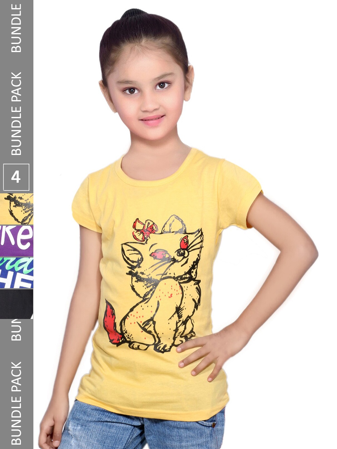 

IndiWeaves Girls Pack Of 4 Printed Pure Cotton T-shirts, Yellow