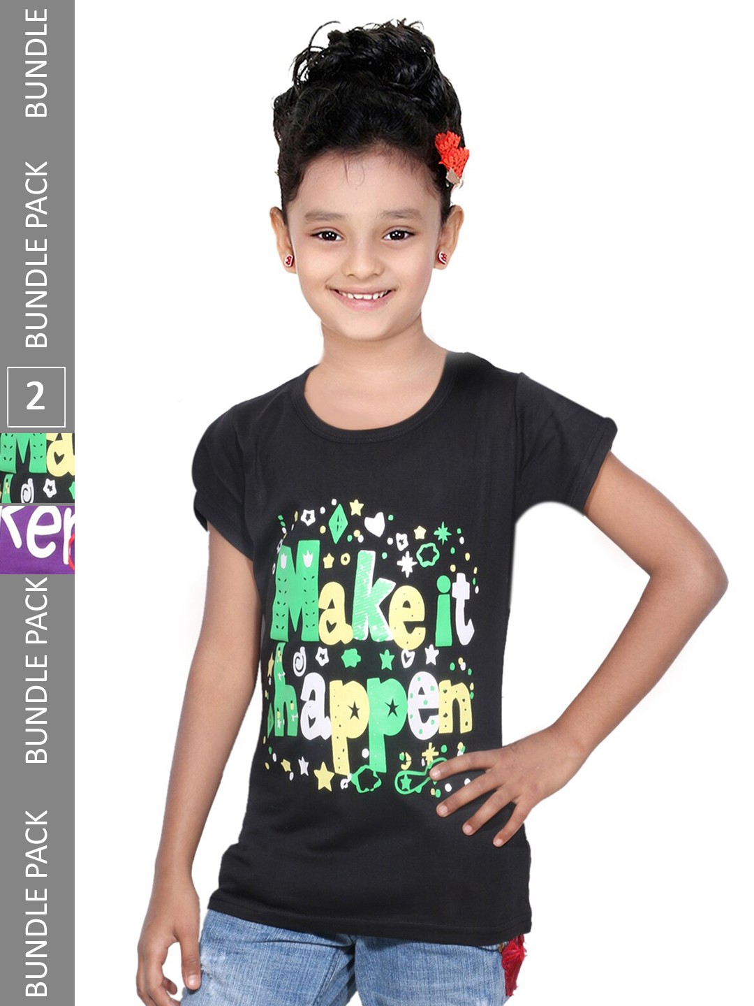 

IndiWeaves Girls Pack Of 2 Printed Cotton T-shirts, Black