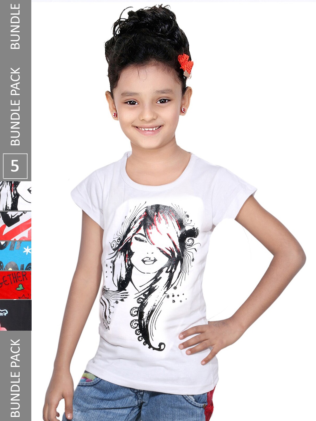 

IndiWeaves Pack Of 5 Girls Graphic Printed Round Neck Cotton Casual T Shirt, White