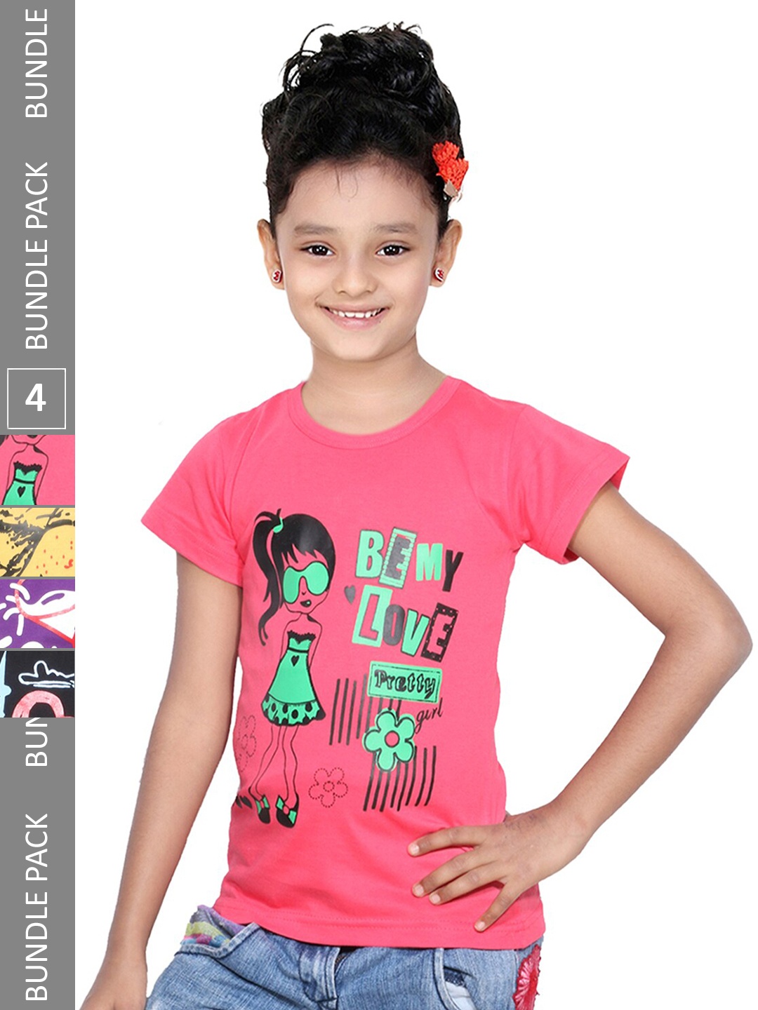 

IndiWeaves Girls Pack Of 4 Graphic Printed Cotton T-shirt, Peach