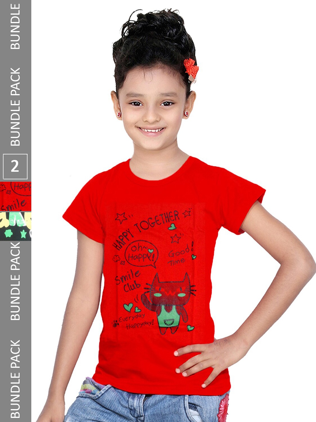 

IndiWeaves Girls Pack Of 2 Graphic Printed Cotton Regular T-shirts, Red
