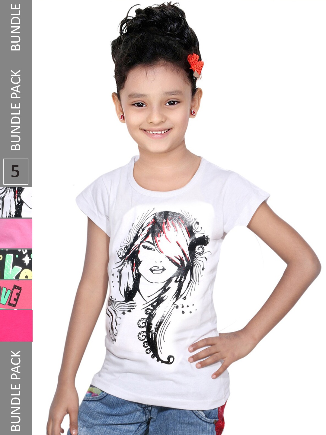 

IndiWeaves Girls Pack of 5 Typography Printed Regular Fit Cotton T-shirt, White