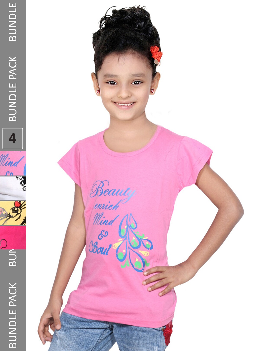 

IndiWeaves Girls Pack Of 4 Snoopy Printed Round Neck Cotton T-shirt, Pink
